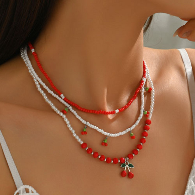 티큐 여성 여름 바캉스 페스티벌 미니 진주 체리 레이어드 비즈 목걸이 3종 세트 A2186