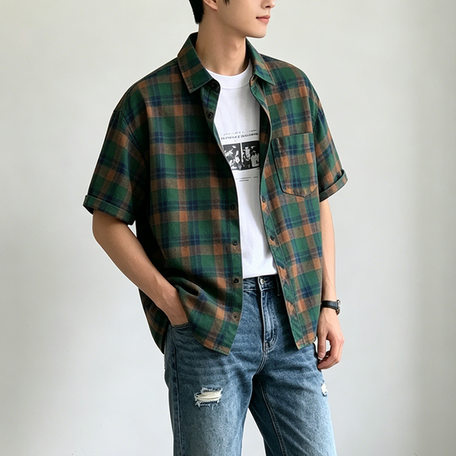 하늘비즈 봄여름 남성 트렌디 체크 반팔 셔츠 프리미엄 캐주얼 남방 데일리 남자 상의 일상 남성복