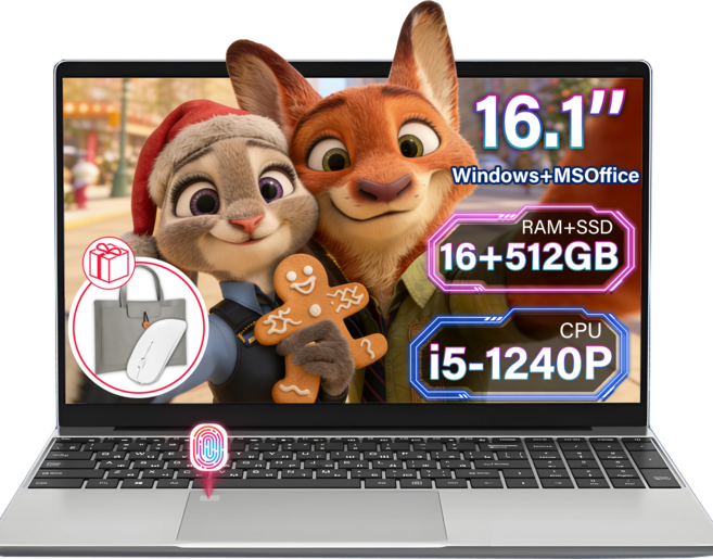 QQO 15.6인치 게이밍 노트북 Intel Core I5-1240P 16+512GB 노트북 가방 및 마우스 증정 가성비 노트북 지문 잠금 해제 사무 및 오락에 적합, core i5, WIN10 Home, 16GB, 512GB, 은색