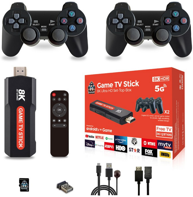 Q9 USB 2.0 듀얼 시스템 게임 스틱 8K 레트로 비디오 콘솔 무선 컨트롤러 포함 64G TV 10000 개 이상의 PSP 선물, 한개옵션2, Q9 64GB, 한개옵션1