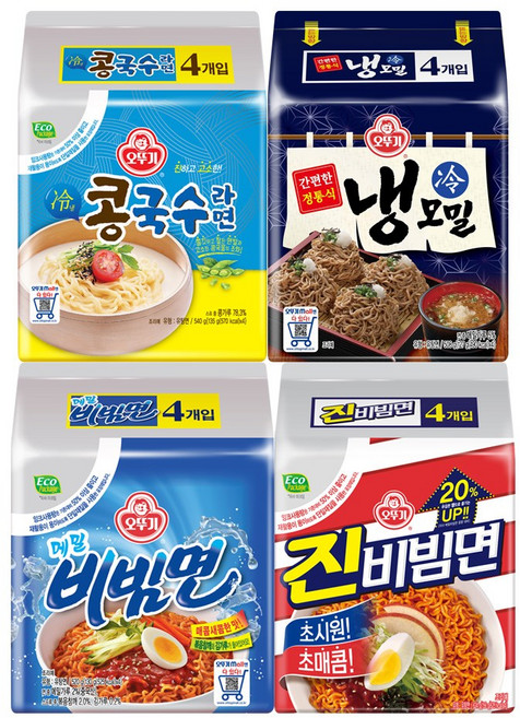 오뚜기 진비빔면 (156gx4)+콩국수라면 (135gx4)+메밀비빔면 (130gx4)+냉모밀 (127gx4), 1세트