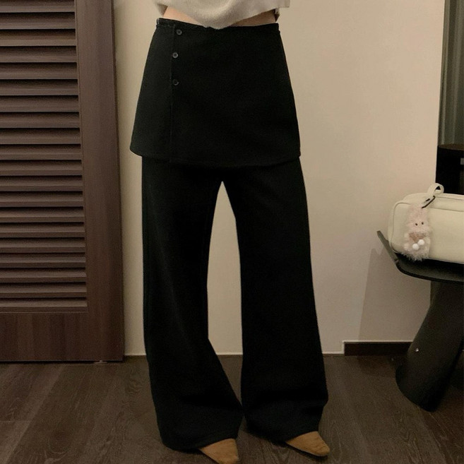 Yumico 힙커버 부츠컷 레이어드 여성바지 빅사이즈 밴딩 루즈핏 부츠컷 드레이닝바지 캐주얼 운동 편한 와이드팬츠 봄 가을 체형커버 치마 롱슬랙스