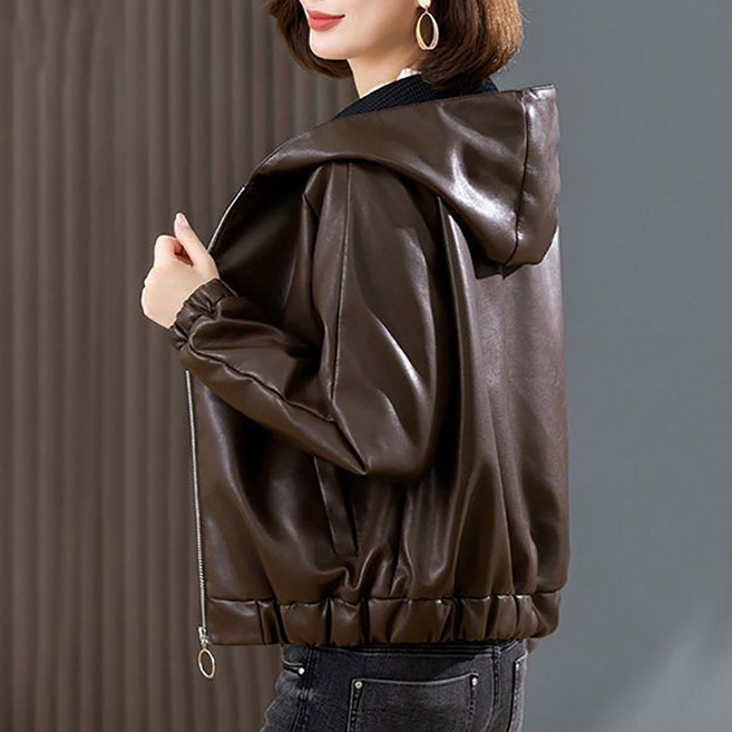 POMTOR 여성 겨울 기모/기모 없음 가죽 자켓 코트 루즈핏 슬림해 보이는 후드 집업 숏 가죽 자켓