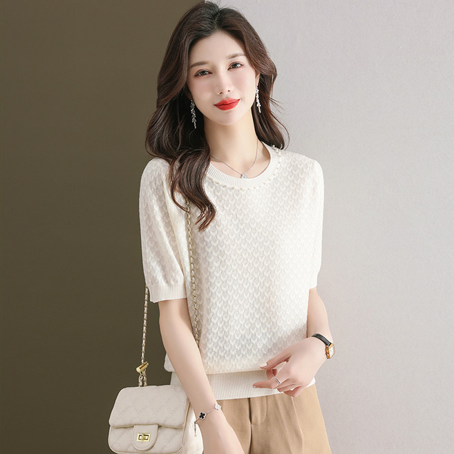 여자 징구슬 아이스 여름 라운드 텐셀 반팔 탑 티셔츠 니트 sk1