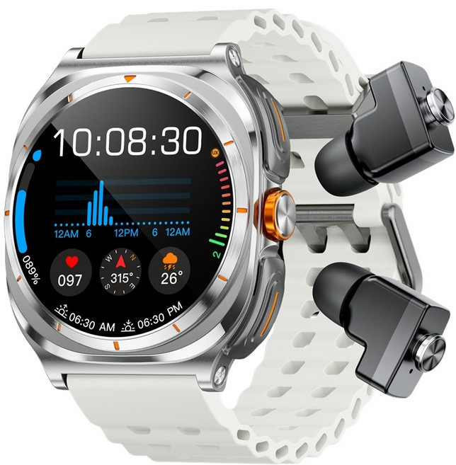 신형 1.53인치 스마트워치 블루투스 이어폰 2합일 심박수 수면 모니터링 대형 블루투스 듀얼 통화 다기능 시계., 흰색, 3.89cm