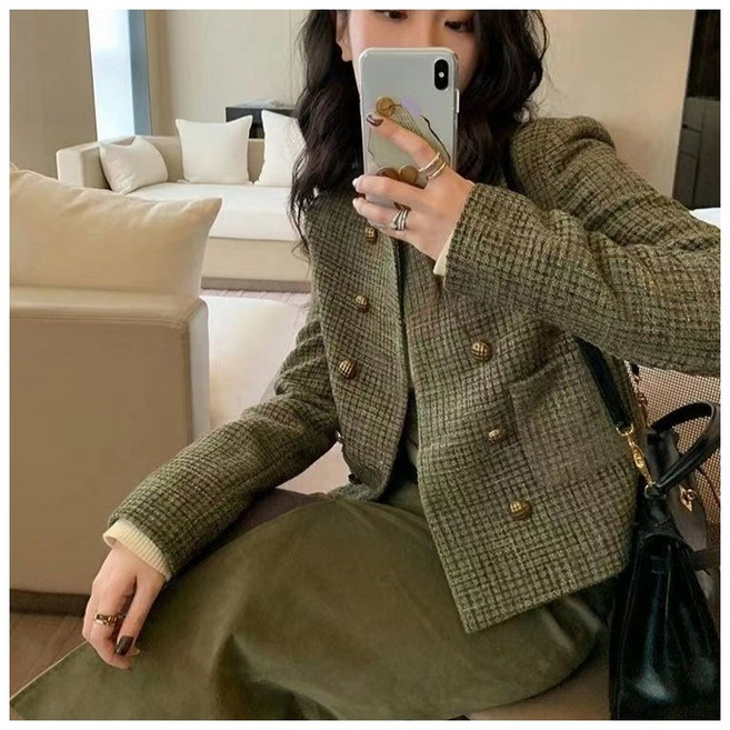 DZX 여성 클래식 긴팔 트위드 자켓 라운드넥 패션 점퍼