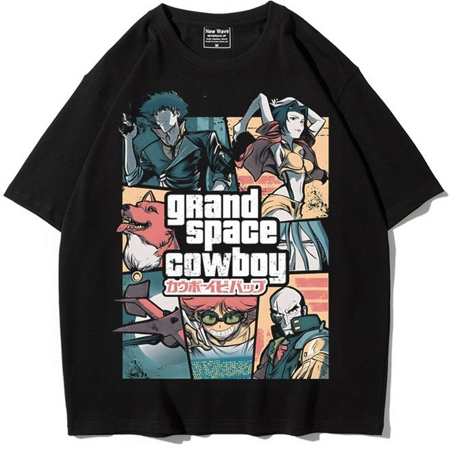 카우보이비밥 굿즈 GTA 패러디 일러스트 남녀공용 반팔 티셔츠 오버핏 드롭숄더