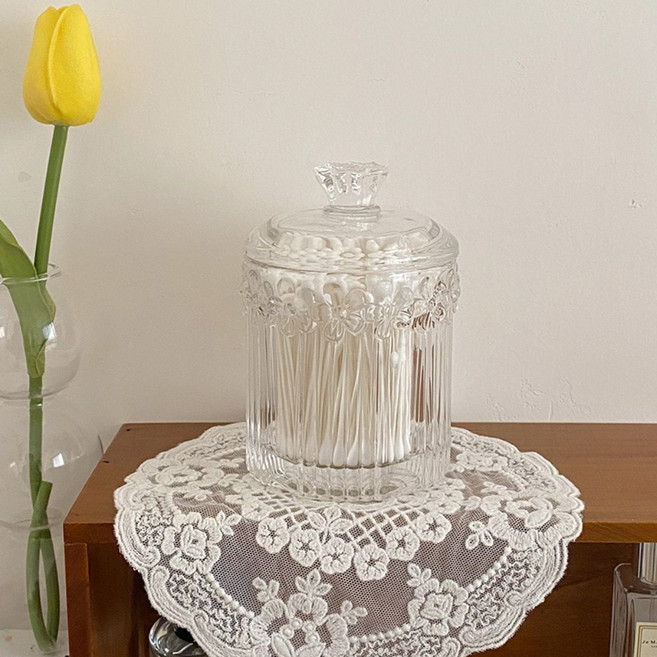 북유럽 면봉보관함 원형 유리 면봉 화장솜케이스 면봉통, 플라워, 1개