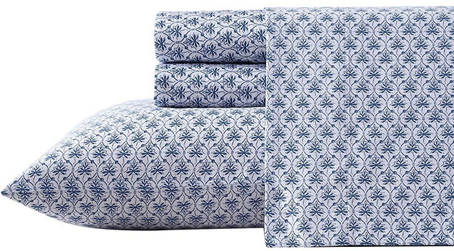 Laura Ashley Home 새틴 컬렉션 침대 시트 세트 실크처럼, Rosemarie Blue