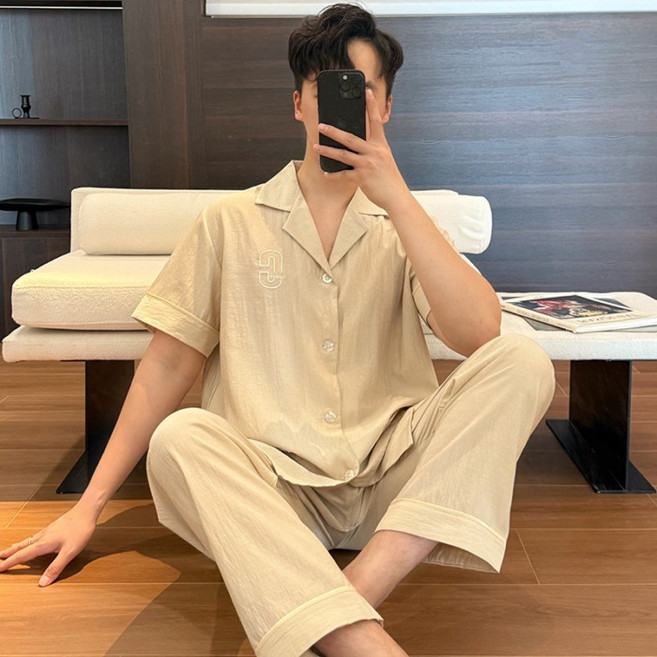 男士短袖長褲睡衣套裝 春秋薄款家居服
