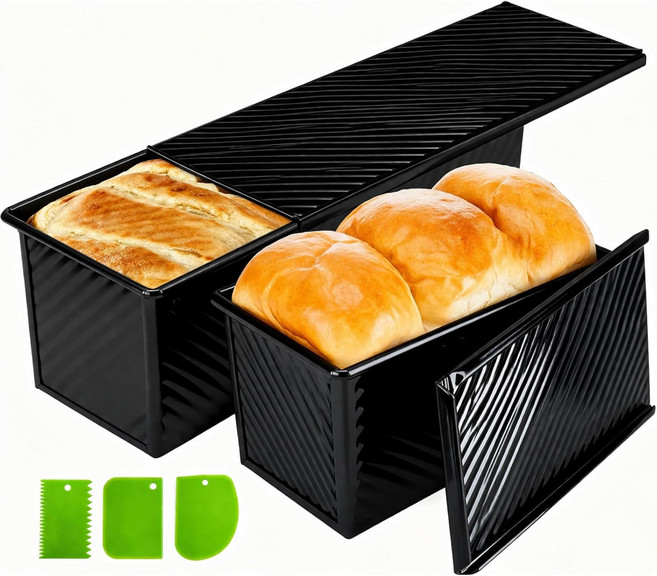 뚜껑이 있는 발켓 풀만 로프 팬 13x5 및 8x4 인치 알루미늄 처리 스틸 빵 세트 2 2.2LB 1LB 논스틱 샌드위치 커버 사워도우 토스트 베이킹 블랙, Black