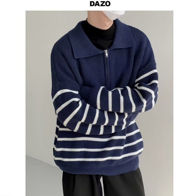 심플한 라펠 긴팔 스웨터 남성 한국판 가을 겨울 루즈핏 복고풍 캐주얼 반지퍼 스트라이프 니트 상의