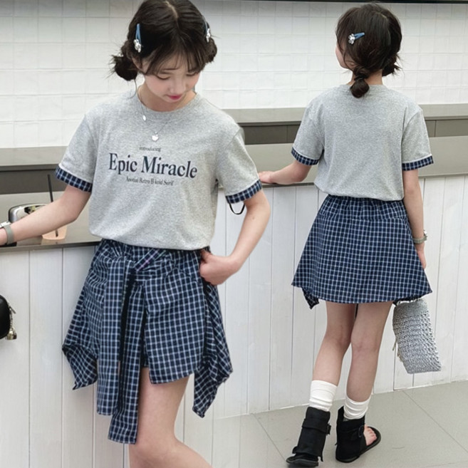 비비키드 여아 여름 상의 초중생 하의 주니어 체크 포인트 레터링 반팔티 치마바지 반바지 초등생 상의+하의 세트 (2605)