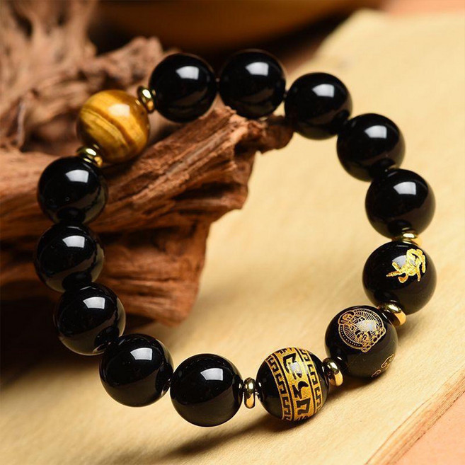 앙플러스 천연 흑요석 12지 소원성취 팔찌 남자 여자 원석 염주