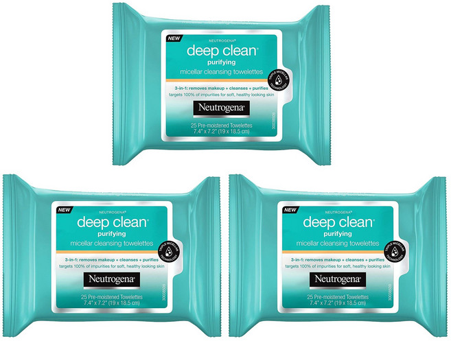 뉴트로지나 딥 클린 퓨리파잉 미셀러 클렌징 타월렛, 25매입, 3개