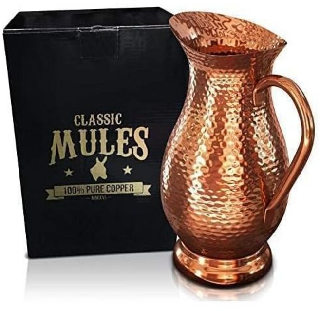 Classic Mules 순수 구리 주전자 70 플로리드 온스 수제 물병 음용용 100% 무거운 내부 라이너 없음 아유르베다 건강상의 이점, Classic Mules 순수 구리 주전자 70 플로리