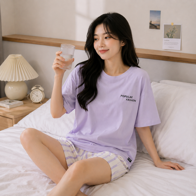 여성 면 100% 여름 반팔 반바지 잠옷 세트 순면 홈웨어 파자마 상하의 세트