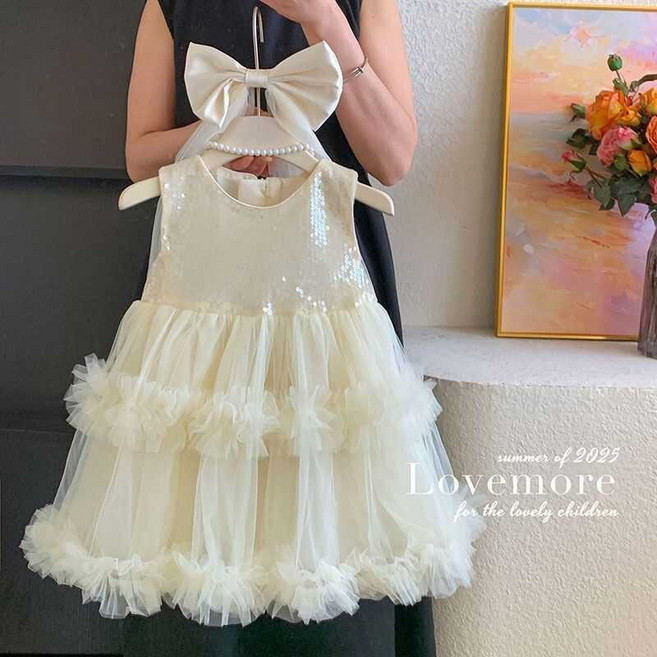 Lovemore 2025 夏季 女童 無袖 亮片 蓬蓬 公主 禮服 連衣裙