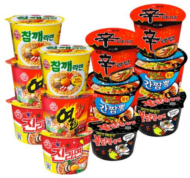 오뚜기 농심 삼양 맵부심 용기컵라면 시리즈 6종 12개입 (진라면 매운맛2 + 열라면2 + 신라면2 + 불닭볶음면2 + 간짬뽕2 + 참깨라면2), 1개