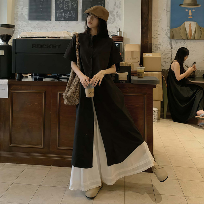 웨일쓰 여성 반팔 셔츠원피스세트 하이웨스트 밴딩 루즈핏 와이드팬츠 투피스