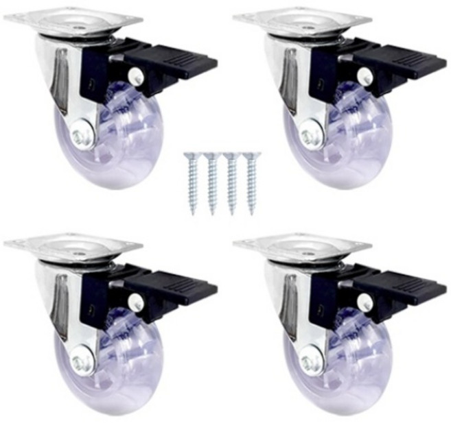 무소음 우레탄 4개입 세트 바퀴 구르마 캐스터 고정 회전 브레이크, 투명, 4개