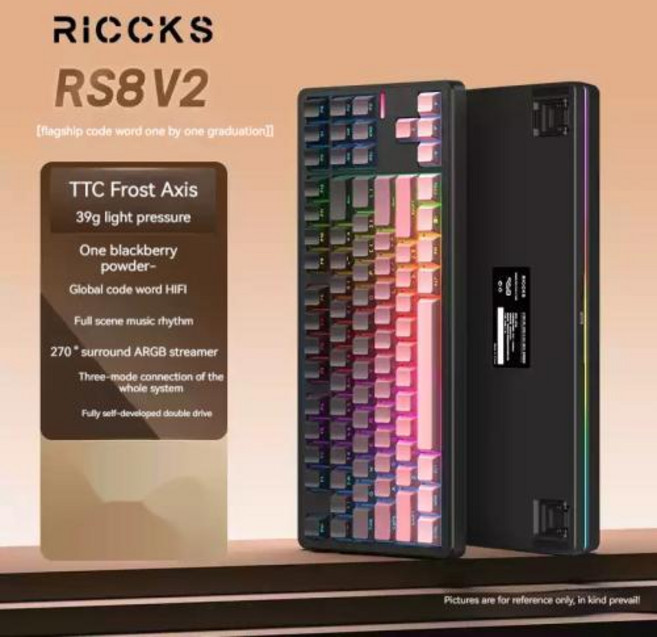 Riccks RS8 V2 Wireless Mechanical Keyboard 3Mode Hot Swap Gasket Low Noise Long Battery Life Dual Dr, 2)Blackberry-Frost