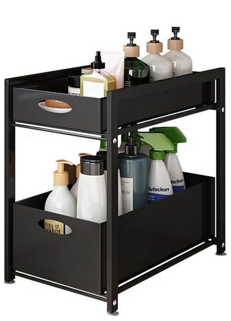 棒棒家居 雙層水槽下抽屜置物架, 黑色 (超取不能超過1入), 1個