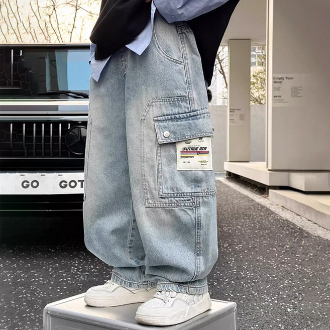 UPPERCUT 주니어 와이드팬츠 아동 카고팬츠 초등학생 청바지 남아 통바지 데님팬츠 남녀공용