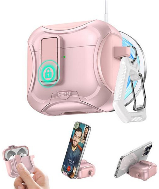 에어팟 4 3 2 1 프로 잠금 락 스위치 마그네틱 무선충전 브래킷 거치대 이어폰 젤 하드 범퍼 키링 케이스, 핑크 sap1606, 에어팟프로1, 1개