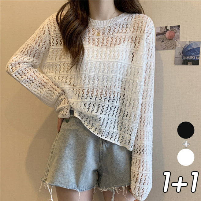 NUNUHANA 1+1 여성 루즈핏 얇은 펀칭 긴소매 라운드넥 니트
