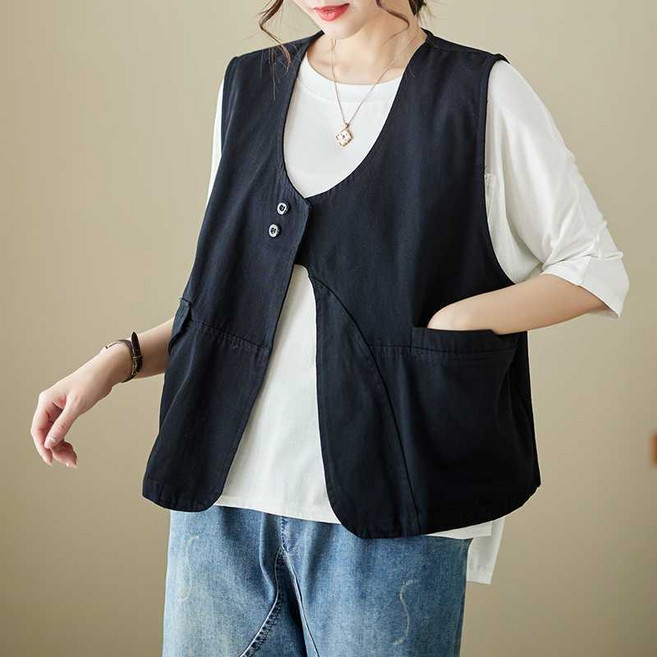 쁘띠꼬모 여성 린넨혼방 브이넥 더블버튼 빅포켓 오버핏 데일리 캐주얼 레이어드 조끼 GX562101