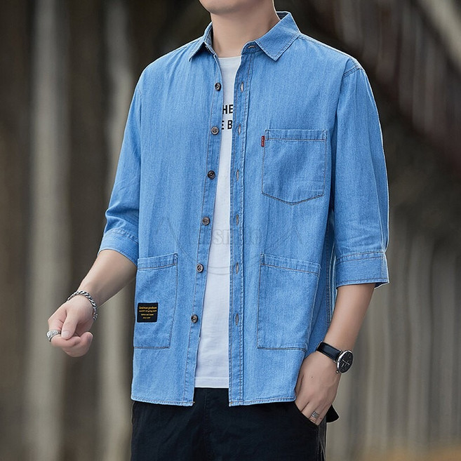 Krismile 100%순면 칠부 데님 셔츠 남성 여름 얇은 캐주얼 카라넥 빅포켓 7부 청 셔츠 남방 카고 와이셔츠 자켓 데일리룩+Krismile