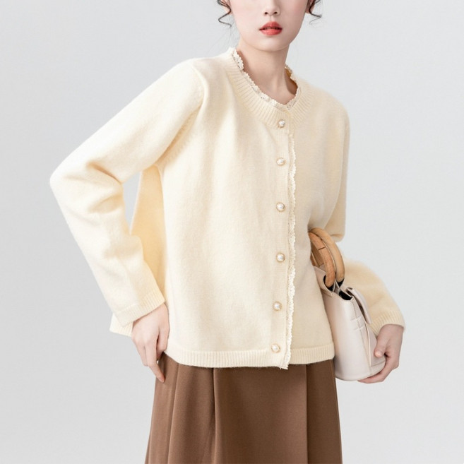 가을 겨울 패션 부드러운 레이스 트리밍 니트 카디건 위에 스웨터녀