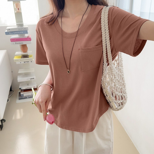 데일리앤 체스트 국내생산 여자 기본 반팔 티셔츠 루즈핏 포켓 이너 면 흰티 여름 사계절