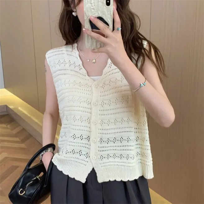 유니픽여성 봄여름 크로셰 민소매 V넥 Cardigan 시원한 통기성 캐주얼룩cjg