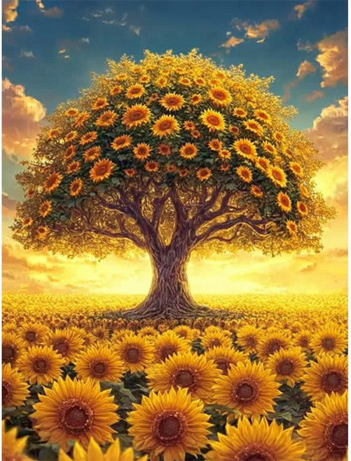 뉴타임즈 3D 보석십자수 벽화 50X40cm DIY 키트 캔버스형 액자 홈 인테리어 특별한 선물 모자이크 십자수 모자이크 보석, 1세트, 해바라기 나무 000347