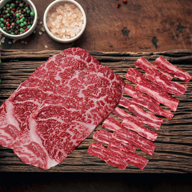 [우직한우] 1++등급 한우 구이용 투쁠 꽃등심300g + 투쁠 갈비살300g 총 600g, 1세트, 꽃등심300g+갈비살300g