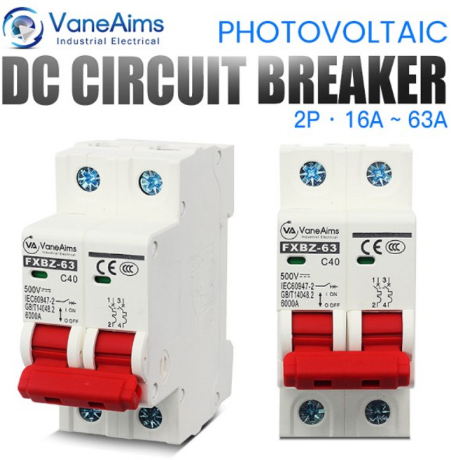 차단기 2P DC 500V 미니 회로 차단기 과부하 보호 스위치 6A 10A 20A 25A 32A 40A 50A MCB 전지 패널 컨트, 2, 1개