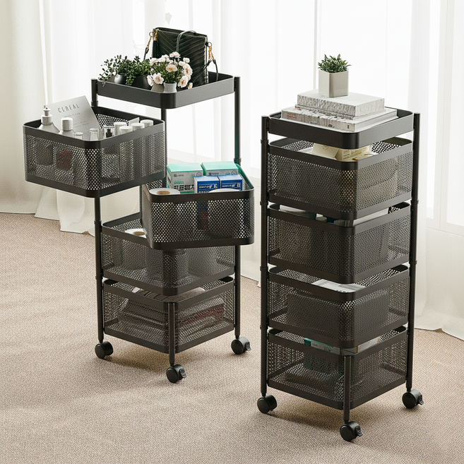 라즈웰 이동식 트롤리 수납함 회전 철제 수납장, 블랙, 4단