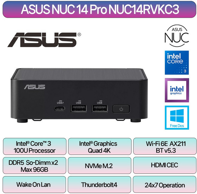 ASUS NUC 14 Pro Mini PC NUC14RVKC3 (베어본) [구매 증정 이벤트], NUC14RVKC3 (Core3 100U) (베어본)