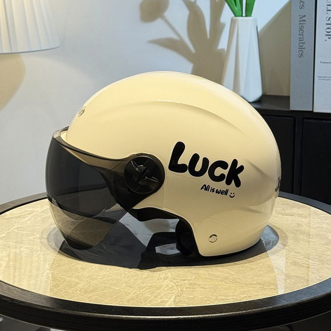 機車安全帽 擋風防曬 便攜半盔 四季通用 男女款, 1個, luck-米白色透明長鏡