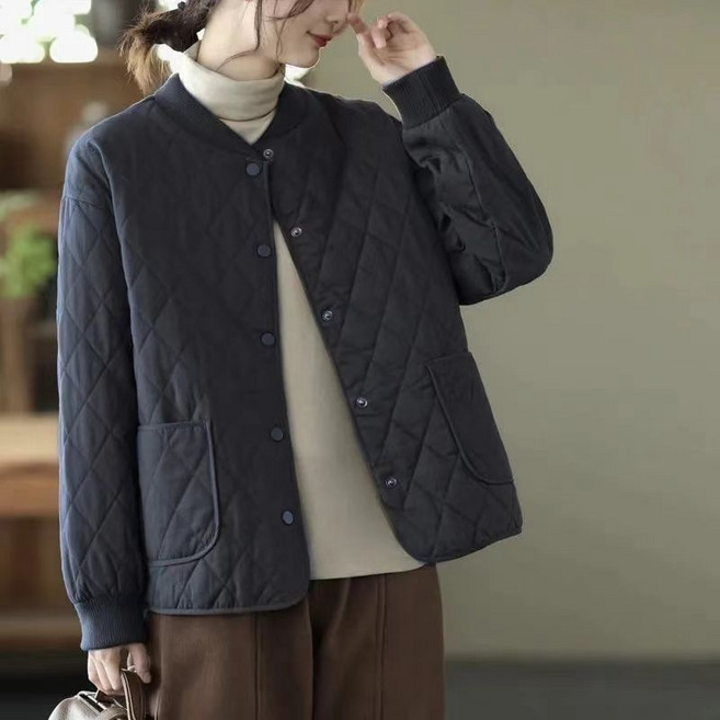 菱格輕薄寬鬆棉服外套 - 韓版氣質秋冬季休閒保暖百搭