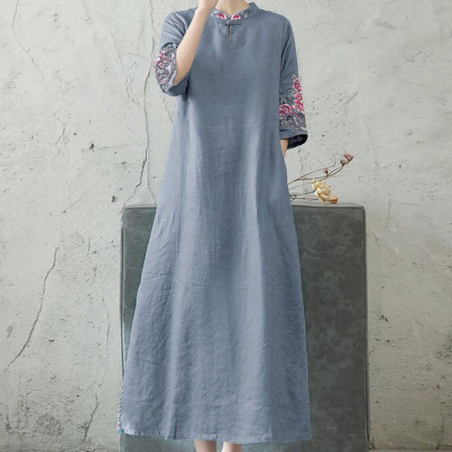 ORZQU 여름 여성 패션 모던 캐주얼 루즈핏 롱 원피스 반팔 오부 스탠드 칼라 스냅핏 개량 한복 자수 스타일 기품 스커트