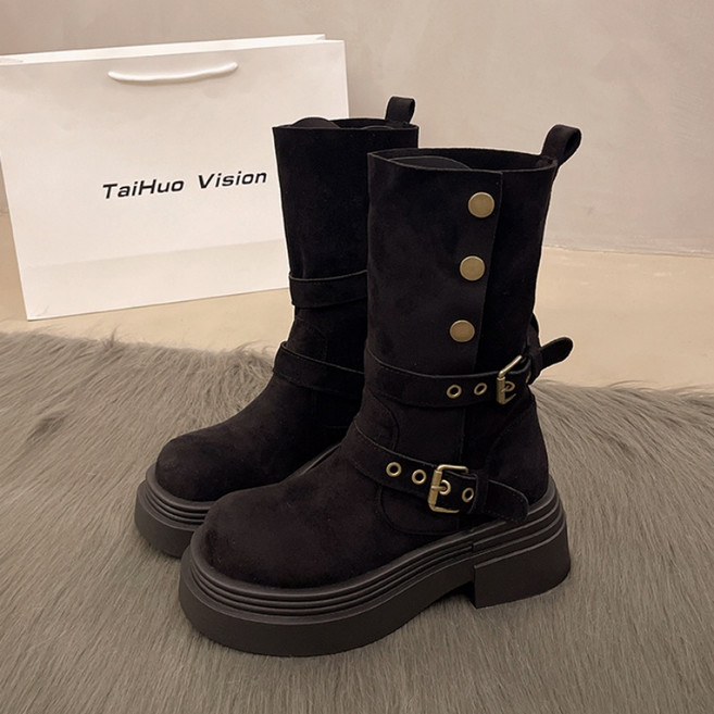 스타일닥터 여성 발편한 미들 부츠 레트로 스타일 버클 소프트 앵클 부츠 웨스턴부츠