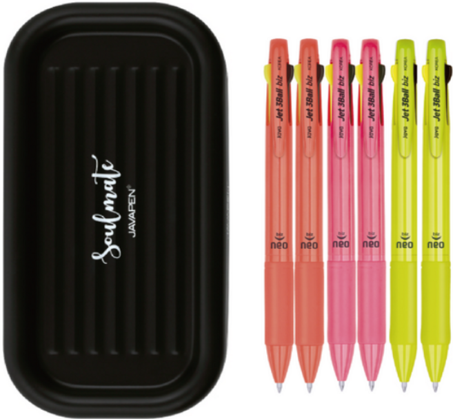 자바펜 제트 3볼 Biz 네오 0.7 유성 흑 + 적 + 0.5 형광 펜 3종 x 2p + 펜트레이 세트, 3세트, 혼합3종(0.7볼펜)+트레이(블랙)