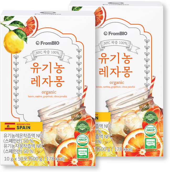 프롬바이오 NFC 유기농 레자몽 즙, 500g, 2개