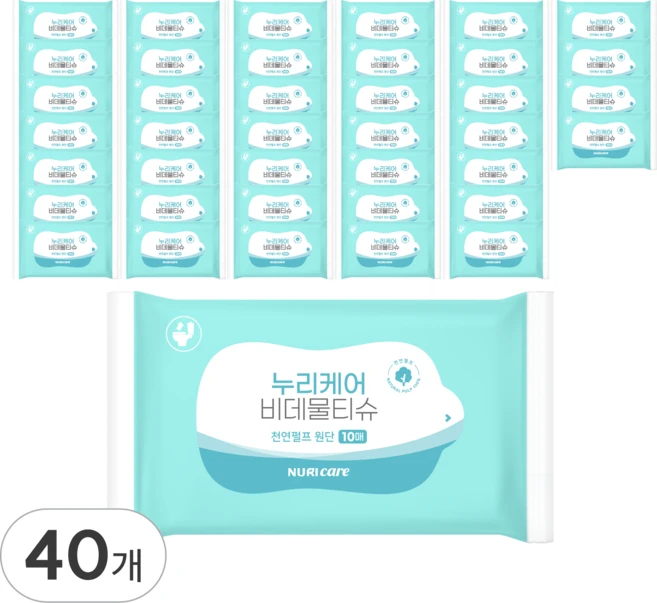 누리케어 물에녹는 플러셔블 천연펄프 비데 물티슈, 40개, 10매 - 쿠팡