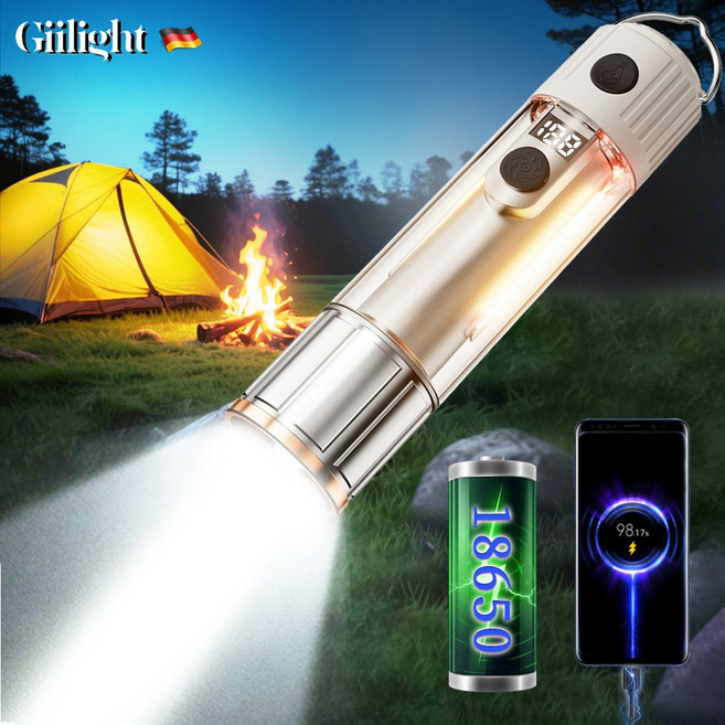 Giilight 독일 손전등 초강력 후레쉬 휴대용 캠핑 랜턴 보조배터리, 화이트, 1개