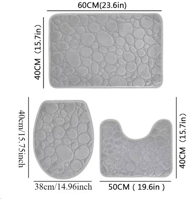 3개/세트 단색 간단한 욕실 물 흡수 및 미끄럼 방지 바닥 매트 스톤 패턴 편안하고 부드러운 3피스 세트, Light Grey, 1개