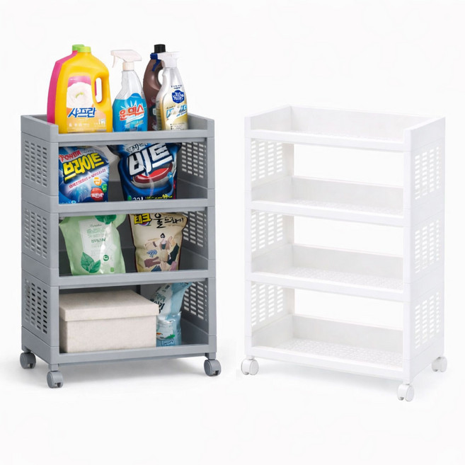 헤이미샤 이동식 트롤리 수납 정리 선반 와이드 4단/5단, 와이드 4단(그레이)